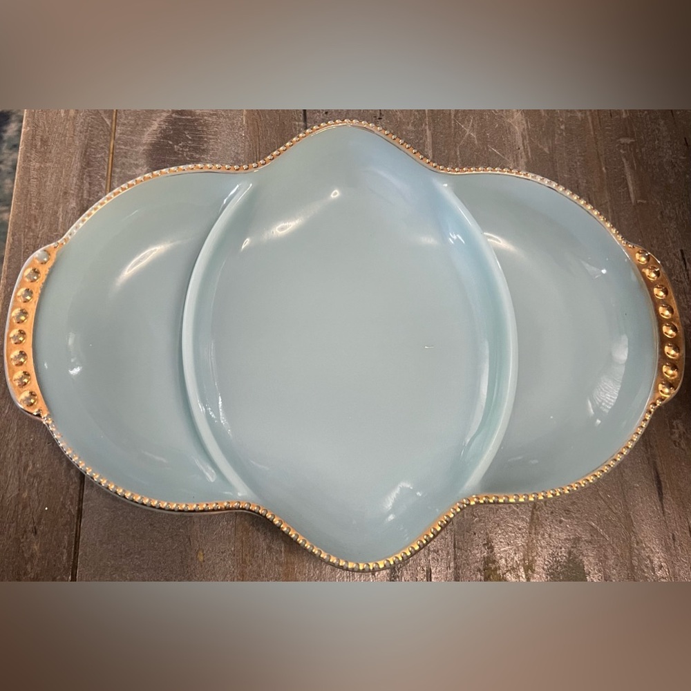 Vintage 1950s Fire King Blue Delphite Divided Glass Tray Plate with Gold Trim
